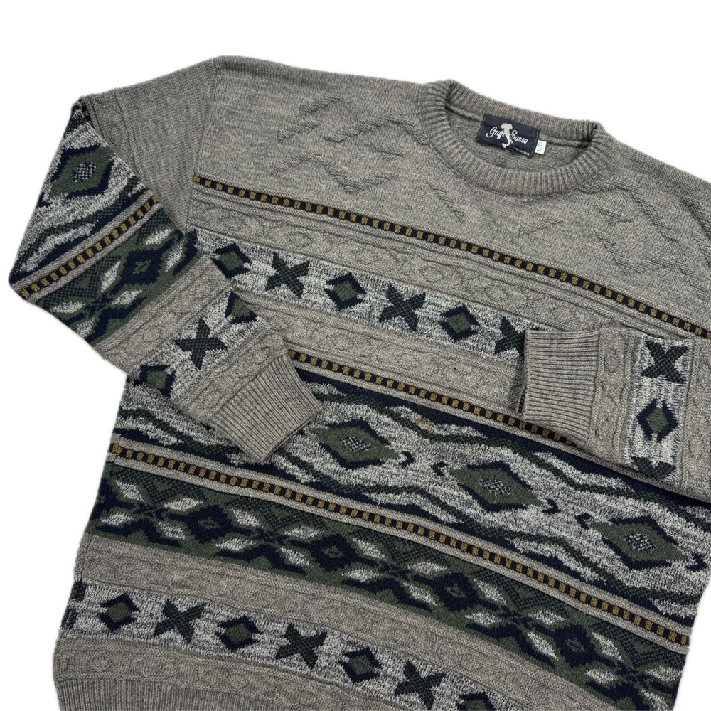 Gran Sasso Sweater Mens XL Intarsia Geometric Knit Wool Blend Canada Vintage